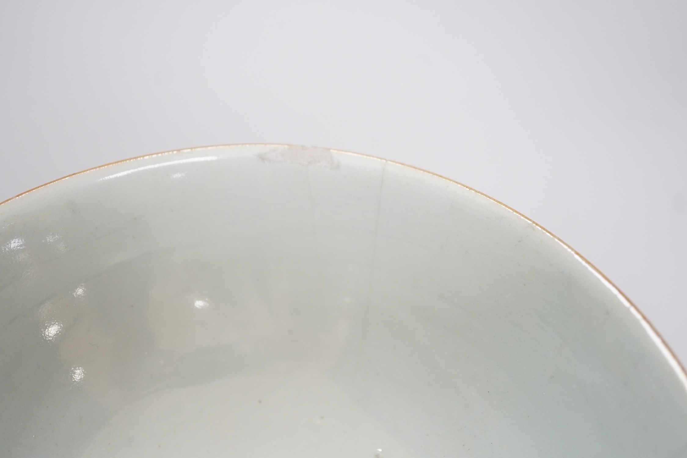 An early 19th century? Chinese powder pink ground export porcelain bowl, 17cm (a.f.), on associated pierced carved hardwood stand